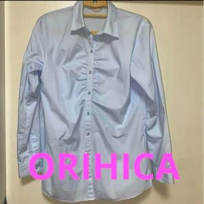 ORIHICA 胸元ギャザースキッパーシャツ ブルー L 数回使用の中古品 匿名配送送料込み 値下げしました