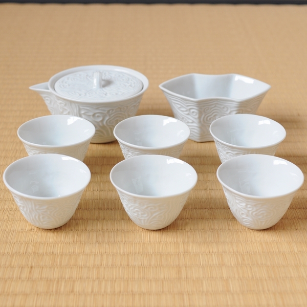 四代 三浦竹泉 白磁 霊芝文 茶器揃 ( 四世 宝瓶 湯冷 煎茶碗 )