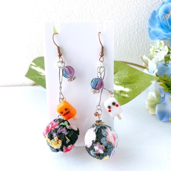 【SALE】ハロウィン★和ピアス イヤリング ピアス つまみ細工 ハンドメイド 薔薇 ちりめん アイス キャンディー 樹脂