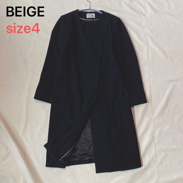 BEIGE.ベイジ ノーカラーラップ風 ウールロングコート ブラック サイズ6