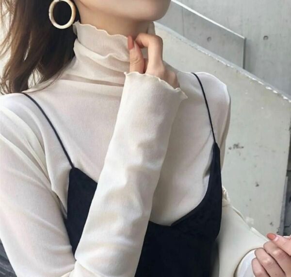 新品 シアートップス シースルー メッシュブラウス 透け感 シャツ カットソー 長袖 ハイネック タートルネック フリル