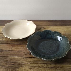 【2枚】新品 美濃焼 和花 深皿 べージュ藍色