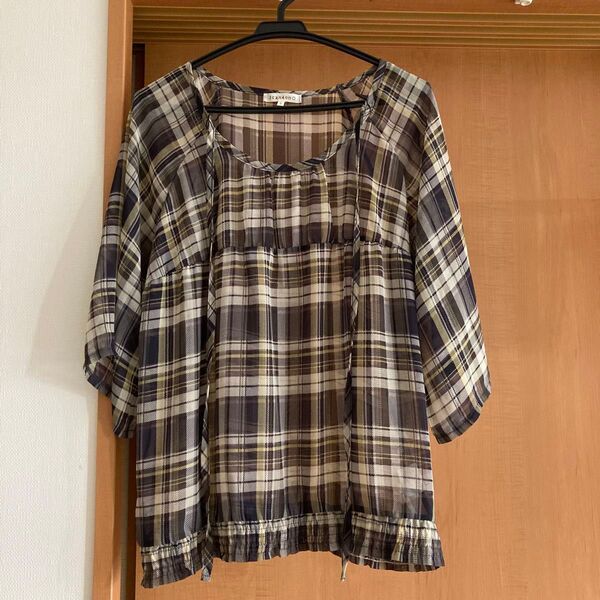 中古服 チュニック ブラウス チェック柄 M 半袖 7分袖 カットソー トップス シフォン 3can4on ワールド ウーマン