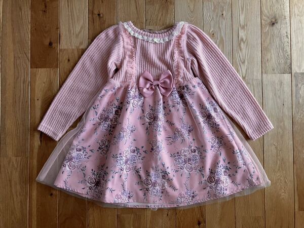 新品 マジョリカ 女の子 長袖 花柄チュール ワンピース ピンク 110センチ