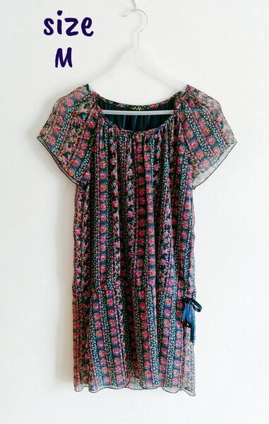 * 花柄 チュニック ワンピース 半袖 ネイビー M*