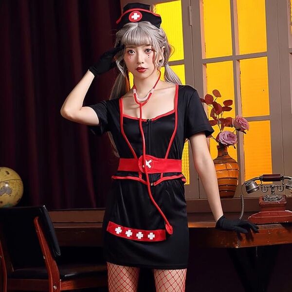 ナース ブラック ハロウィン 看護師 制服 ナース服 補聴器 コスプレ フリーサイズ