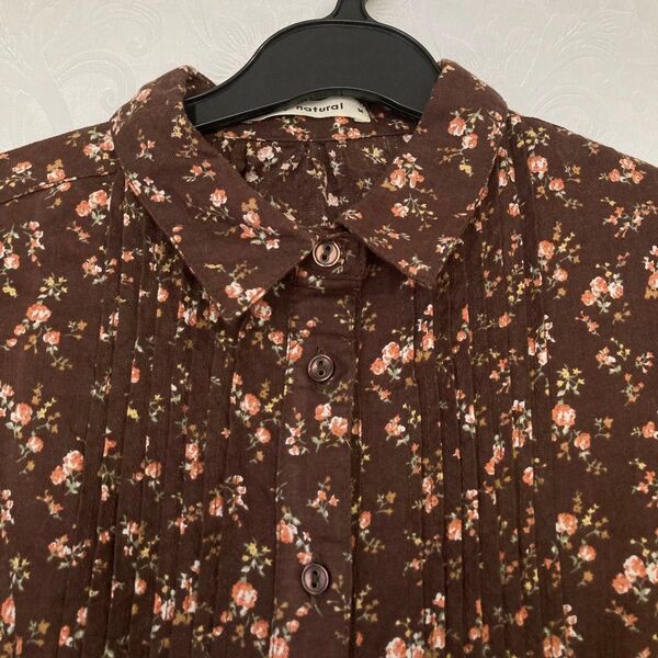 【良品〜美品 ネイビーナチュラル】花柄 ナチュラル ピンタック シャツ 7部袖〜長袖 M ブラウン 綿100 薄手 ブラウス