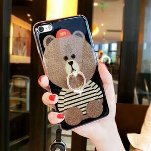iphoneケース リング付き クマちゃん ☆ ボーダー服 リング360°フル回転 スタンド機能付き 視聴、ゲームなど便利
