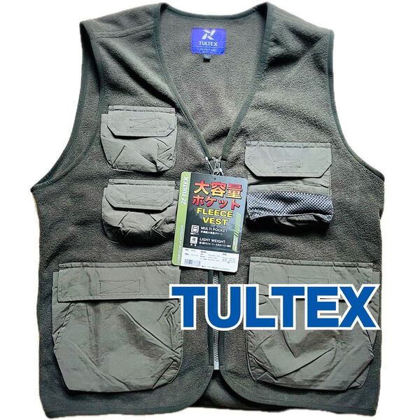 TULTEX 多機能大容量ポケット フリース ベスト Lサイズ カーキ系 メンズ 1枚 送料込み
