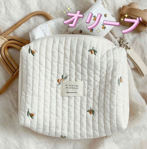 おむつポーチ マザーズバッグ ハンドバッグ マルチポーチ 刺繍 オリーブ