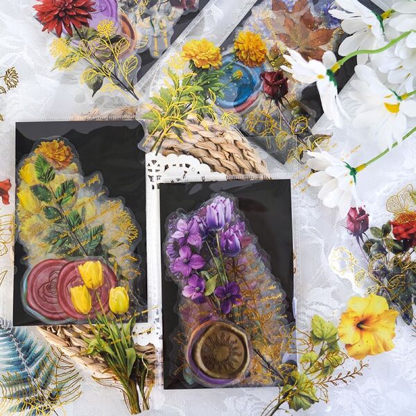 【ラスト1点】箔押し 花のヴィンテージ 4種44枚 PET 大きめステッカー 花 植物 英字 ロゴ シーリング コラージュ