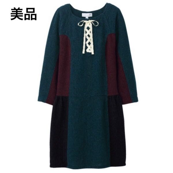 【美品】UU uniqlo×undercover ウールワンピース ワンピース チュニック 七分袖 膝丈 Lサイズ GREEN