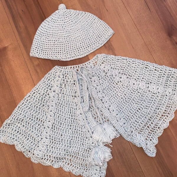 ベビー ハンドメイド 帽子 ポンチョ 2点セット ベビー毛糸使用 ミントブルー