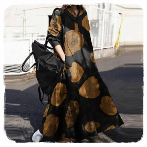 ロングワンピース シャツワンピース マキシ丈 ボタニカル ドット サークル 体型カバー 大きいサイズ マタニティ Aライン 韓国