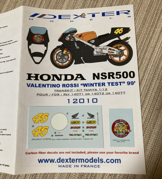 (DEXTER MODELS12010): 1/12 ホンダNSR500#46 V.ロッシ ウィンターテスト1999 補助水転写デカールDEXTER12010