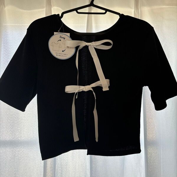 未使用 Lサイズ 黒 半袖 カットソー トップス Tシャツ ブラック リボン