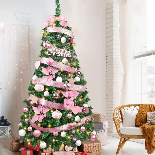★値下げ!早い者勝ち★クリスマスツリー 150cm オーナメント付き おしゃれ ピンク LED付き リボン 星 かわいい 装飾