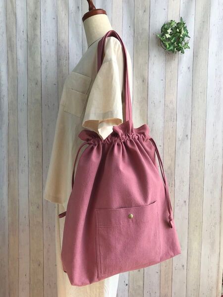ハンドメイド*巾着トートバッグ レトロピンク