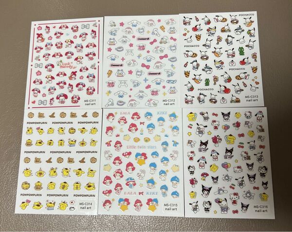 マイメロディ&シナモロール&ポチャッコ&ポムポムプリン&キキララ&サンリオ柄ネイルシール 6枚セット
