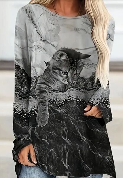 新品 未使用 猫プリント 長袖Tシャツ チュニック Lサイズ S(JPーL) グレー とびだす猫