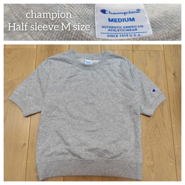 M size チャンピオン スウェット Tシャツ Champion 半袖 トップス グレー トレーナー ロゴ 半袖スウェット