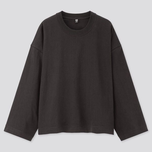 UNIQLO コットンオーバーサイズワイドスリーブT 長袖 【S】 ブラック コットン 黒 ロンT レディース 美品 未使用