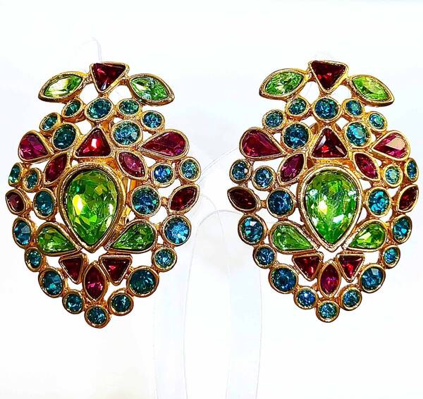 Yves Saint Laurent イヴ・サンローラン ラインストーン 大ぶり イヤリング GP マルチカラー レア 希少 レディース アクセサリー 美品
