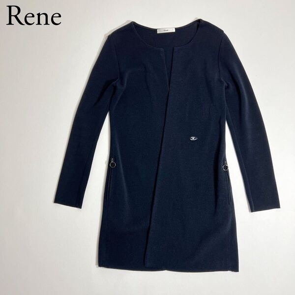 美品 Rene ルネ ニットカーディガン ロングカーディガン ロゴプレート トップス 羽織 34 長袖 ネイビー 留め具なし レディース