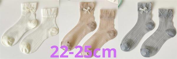 0490XXL リボン付きリブソックス 3色セット レディースソックス 女子靴下