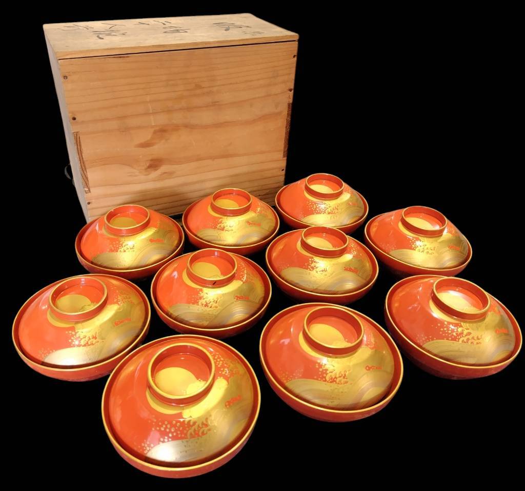 黒漆 蒔絵花蝶文吸物椀10客 木製 幅:12.6cm 茶懐石道具/23a018 黒漆 蒔絵花蝶文吸物椀10客 木製 幅:12.6cm 茶懐石道具/23a018