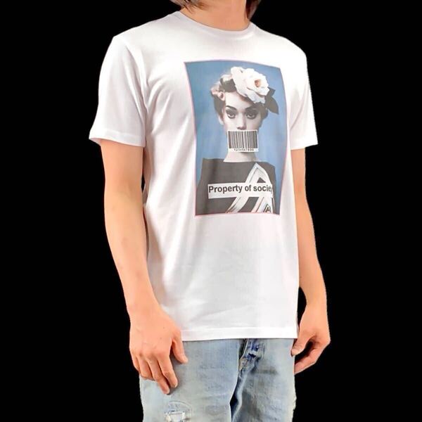 新品 貴婦人 バーコード 口隠し Property of society ローズ 薔薇 バラ 髪飾り レトロ ポートレート アート Tシャツ ユニセックス Lサイズ