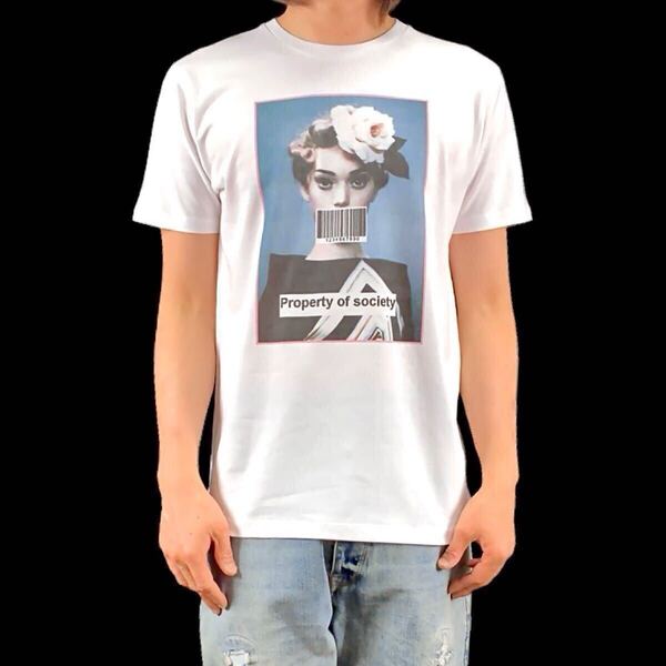 新品 貴婦人 バーコード 口隠し Property of society ローズ 薔薇 バラ 髪飾り レトロ ポートレート アート Tシャツ ユニセックス Mサイズ