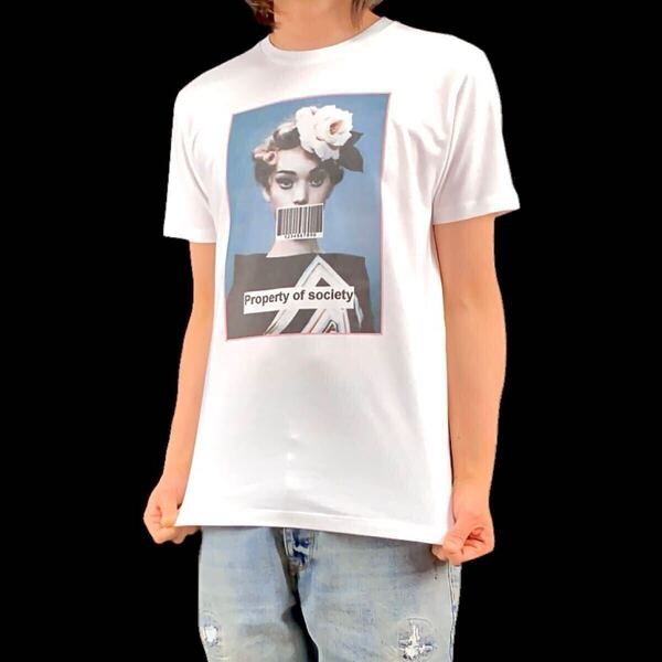新品 貴婦人 バーコード 口隠し Property of society ローズ 薔薇 バラ 髪飾り レトロ ポートレート アート Tシャツ ユニセックス Sサイズ