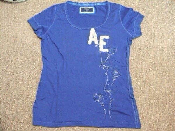 送料込 アメリカンイーグルアウトフィッターズ American Eagle Outfitters カットソー Tシャツ 青 XL レディース アップリケ 刺繍