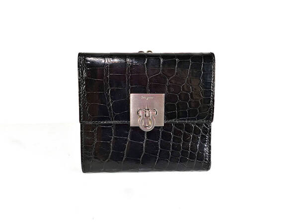 美品★Ferragamo/フェラガモ★ガンチーニ★希少★シャイニー★クロコダイル★二つ折り財布★がま口小銭入れ