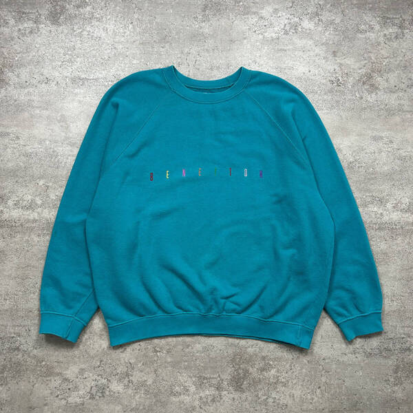 90s ユナイテッド カラーズ オブ ベネトン 刺繍 スウェット トレーナー サイズ XL アメリカ製 ターコイズ