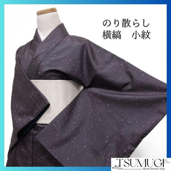 小紋 紬 ドット のり散らし 横縞 着物 101a d