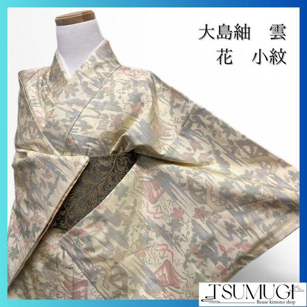 大島紬 雲 水流 花模様 小紋 クリーム色 着物 101a p
