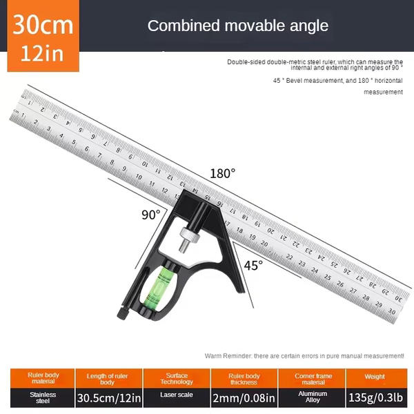◆送料無料◆バブルレベ300 mm 調整可能なコンビネーション スクエアアングル定規 45 / 90バブルレベルゲージ付き