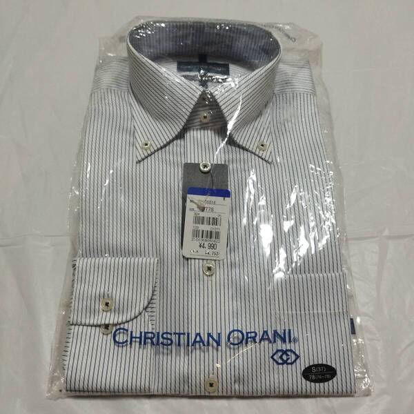 新品★メンズS37‐78 洋服の青山 長袖シャツ 白青ストライプ柄 ボタンダウンシャツ ビジネスシャツクリスチャンオラーニ