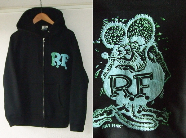 M★RAT FINKラットフィンク★発泡プリント パーカー黒 グラデーション パフプリント エドロス緑ブルーusaバックプリント ローブローアート