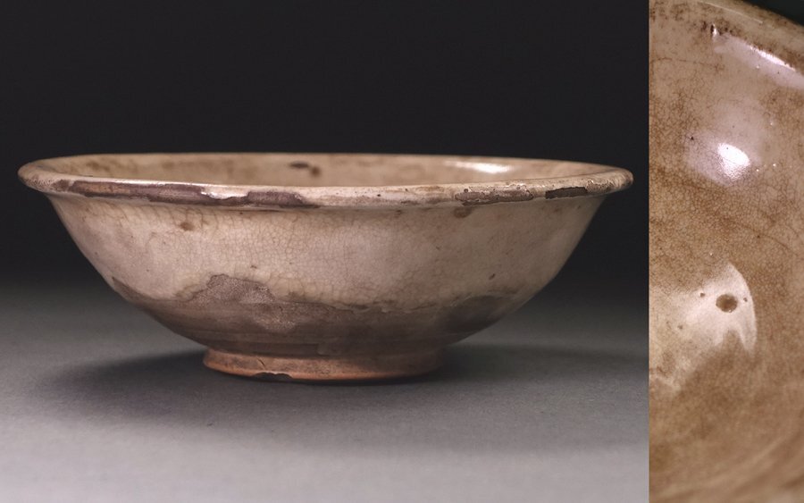 和】(A1265) 時代古作 李朝 粉引雨漏手茶碗 時代箱有