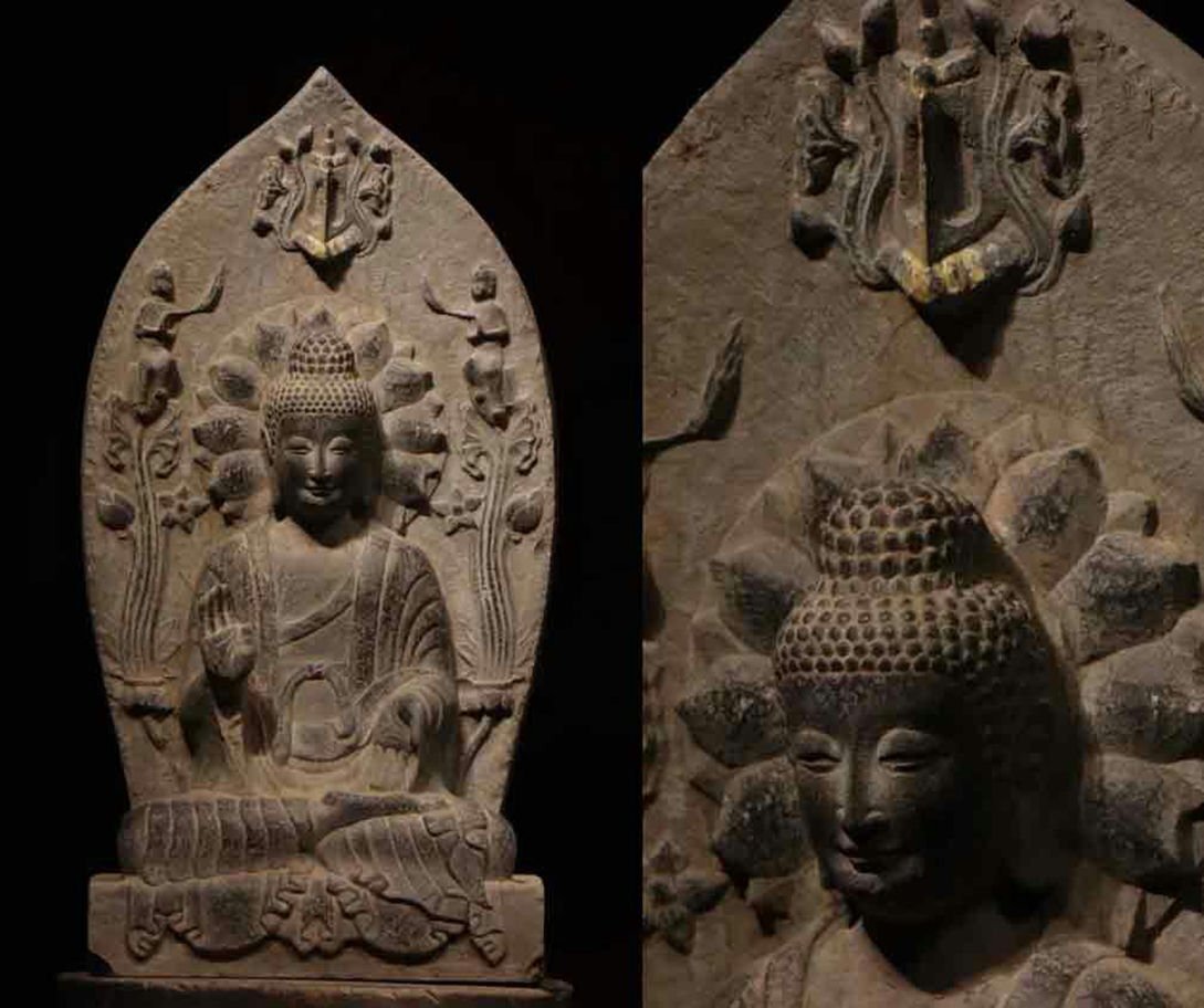 ▼渡鶴羽▼P614北魏時代 青石背光釈迦牟尼仏造像 青石細工彫刻★仏教古美術★仏像★細密細工★廃寺旧蔵★廃寺買出品