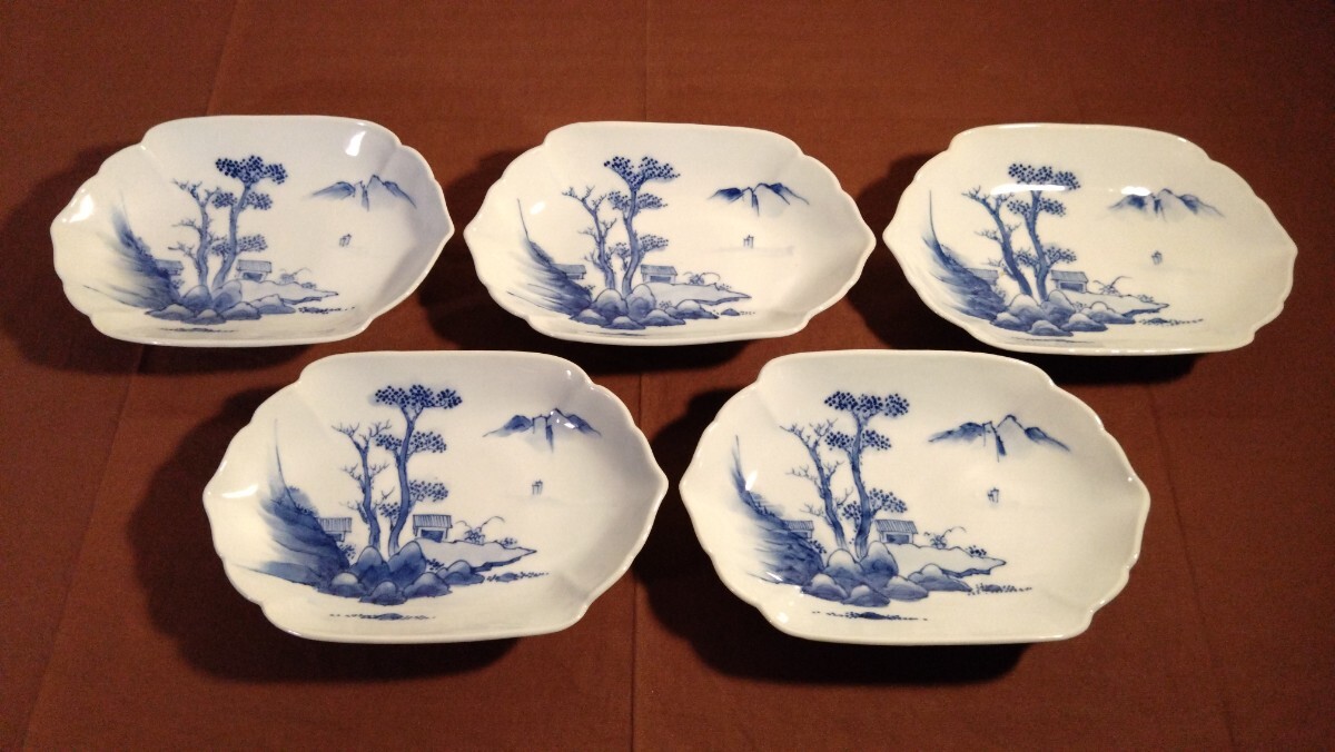 789『染付 花 山水 舟形皿』　/骨董品 古美術 古玩 アンティーク 789『染付 花 山水 舟形皿』 /骨董品 古美術 古玩 アンティーク