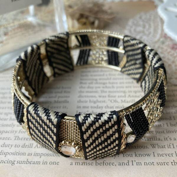 バングル ゴールド ブラック ビジュー ブラック 黒 ボヘミアン ビーズ ブレスレット 美品☆Vintage jewelry accessories R0133