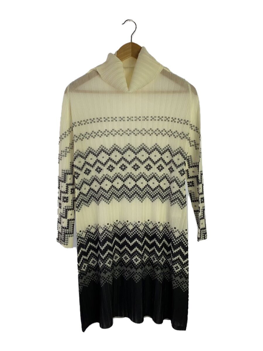 PLEATS PLEASE ISSEY MIYAKE◆長袖ワンピース/3/ポリエステル/CRM/総柄/PP43-FH394