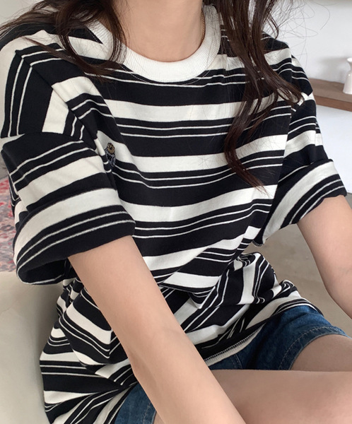 ◆Tシャツ レディース トップス Tシャツ ビッグシルエット マルチボーダー ブラック