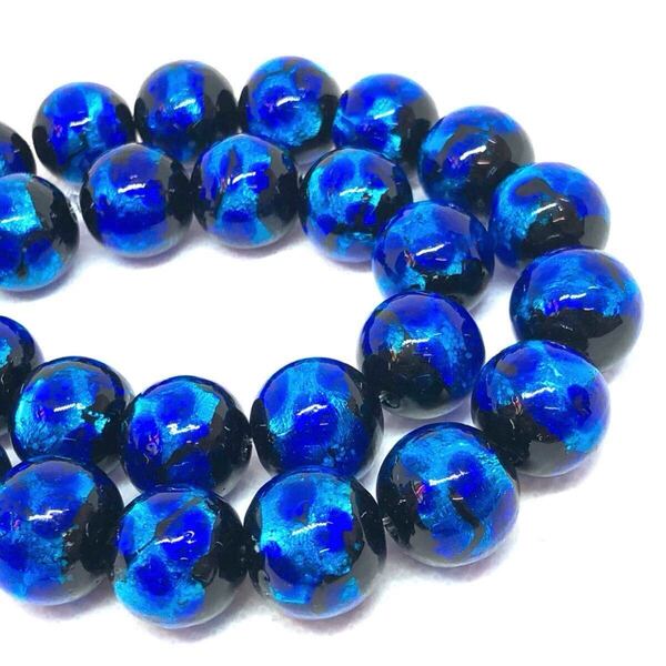 蓄光 ホタルガラス 14mm 連売り 28粒 濃いブルー とんぼ玉 とんぼガラス