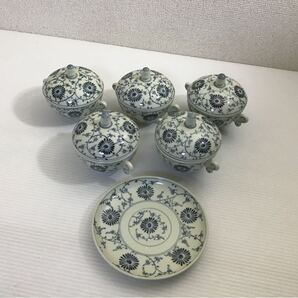 有田焼? 安南菊唐草? 耳付スープカップ フタ付 5客 銘あり 食器 直径10cm 高さ12cm 汁椀