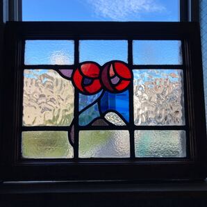 8s-1392 アンティークステンドグラス 吹きガラス/バラ柄/格子柄 1920年代英国製/イギリス製